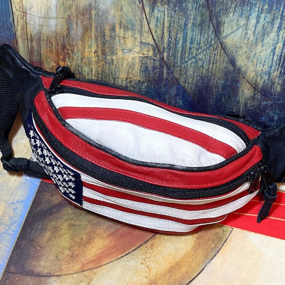 VINTAGE 90's ADULT UNISEX FANNY PACK BAG LEATHER USA FLAG ZIPPER FANNIE BAG - Picture 3 of 5